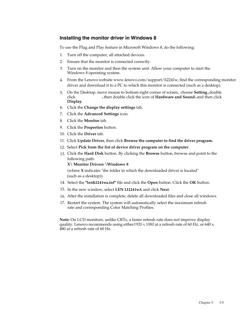 Installing the monitor driver in windows 8 | Lenovo LI2241 Wide LCD Monitor User Manual | Page 23 / 27