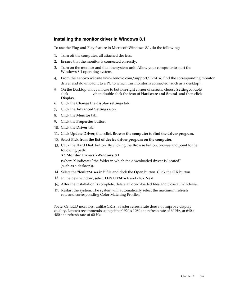 Installing the monitor driver in windows 8.1, Installing the monitor driver in windows 8.1 -6 | Lenovo LI2241 Wide LCD Monitor User Manual | Page 24 / 27