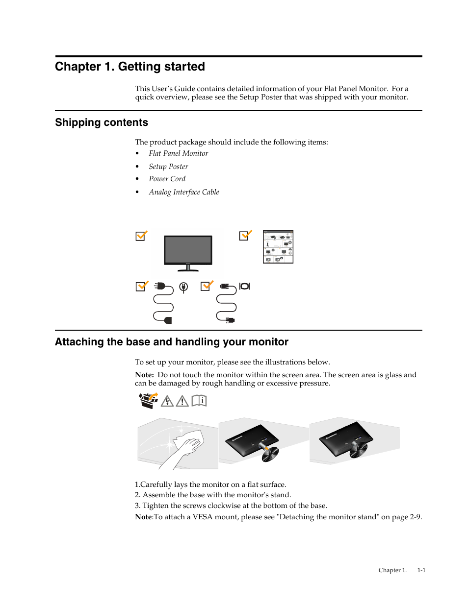 Chapter 1. getting started, Shipping contents, Attaching the base and handling your monitor | Chapter1. getting started -1 | Lenovo LI2241 Wide LCD Monitor User Manual | Page 5 / 27