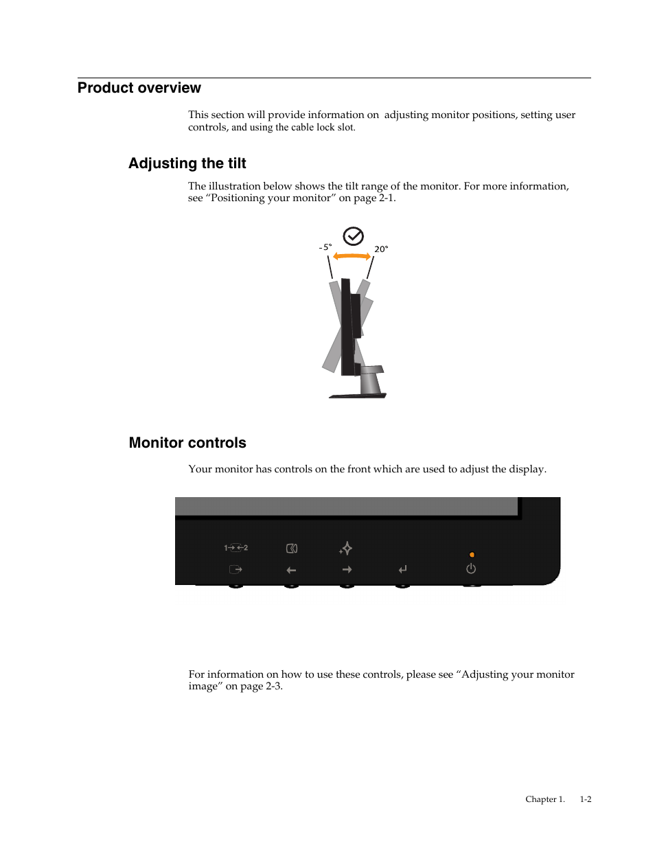 Product overview, Adjusting the tilt, Monitor controls | Adjusting the tilt -2 | Lenovo LI2241 Wide LCD Monitor User Manual | Page 6 / 27