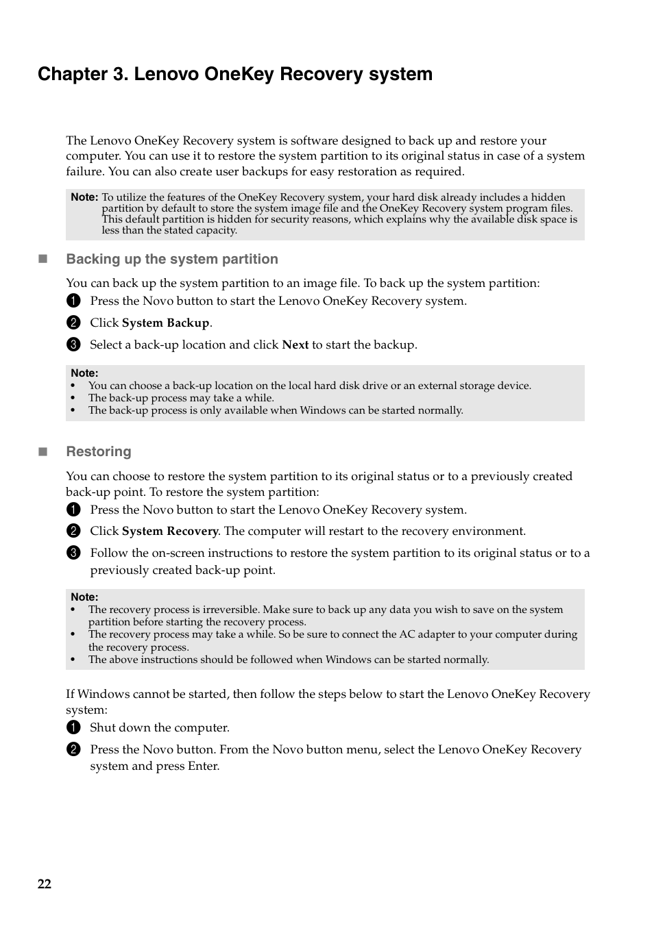 Chapter 3. lenovo onekey recovery system | Lenovo IdeaPad Y480 User Manual | Page 26 / 42