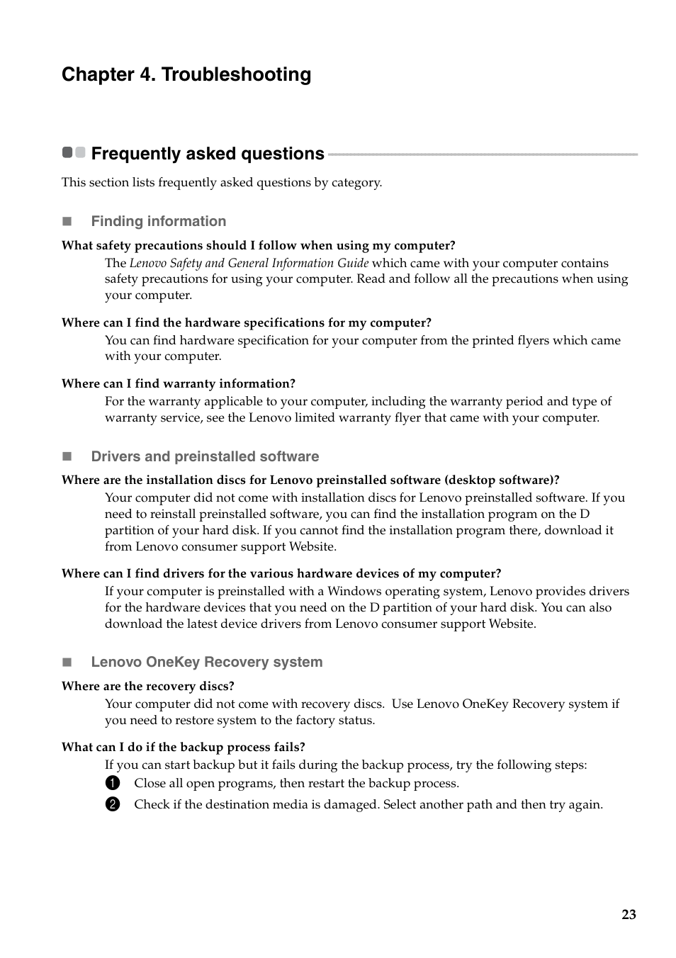 Chapter 4. troubleshooting, Frequently asked questions | Lenovo IdeaPad Y480 User Manual | Page 27 / 42