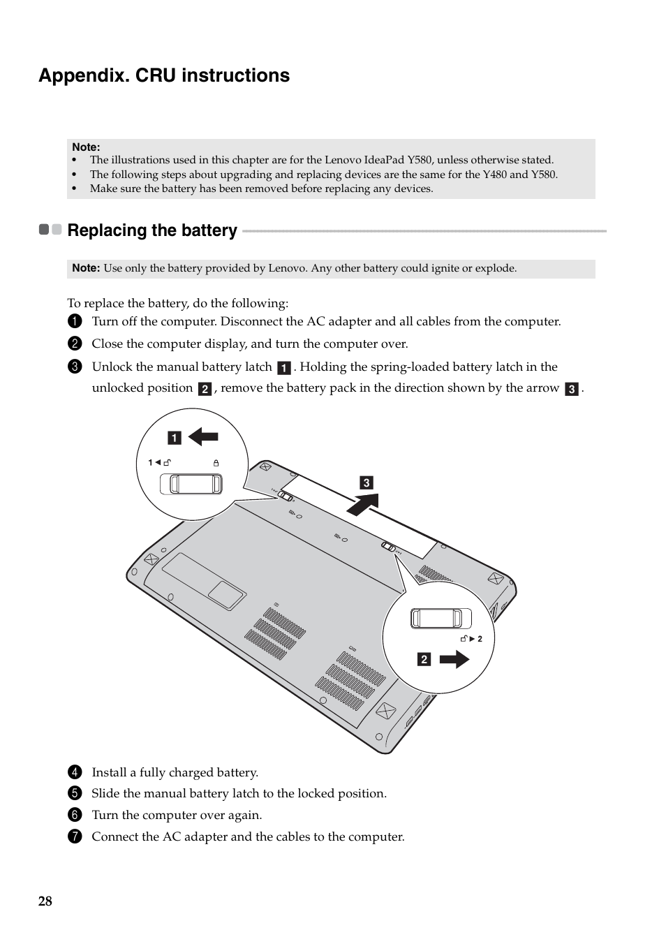 Appendix. cru instructions, Replacing the battery | Lenovo IdeaPad Y480 User Manual | Page 32 / 42