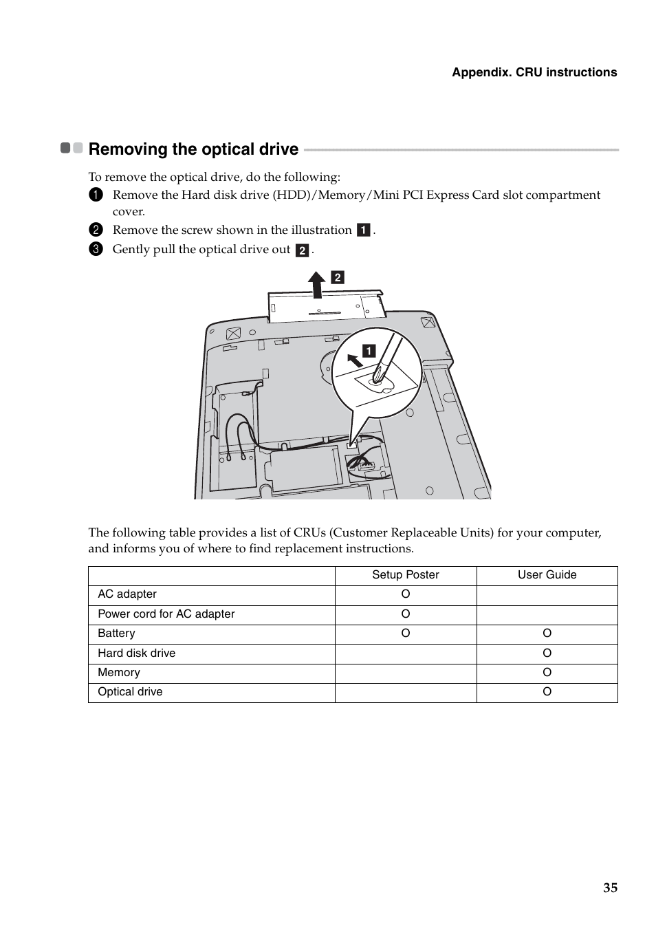 Removing the optical drive | Lenovo IdeaPad Y480 User Manual | Page 39 / 42