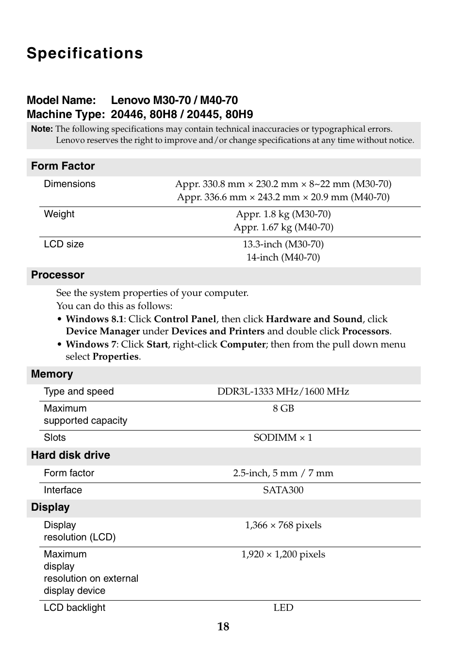 Specifications | Lenovo M30-70 Notebook User Manual | Page 18 / 20