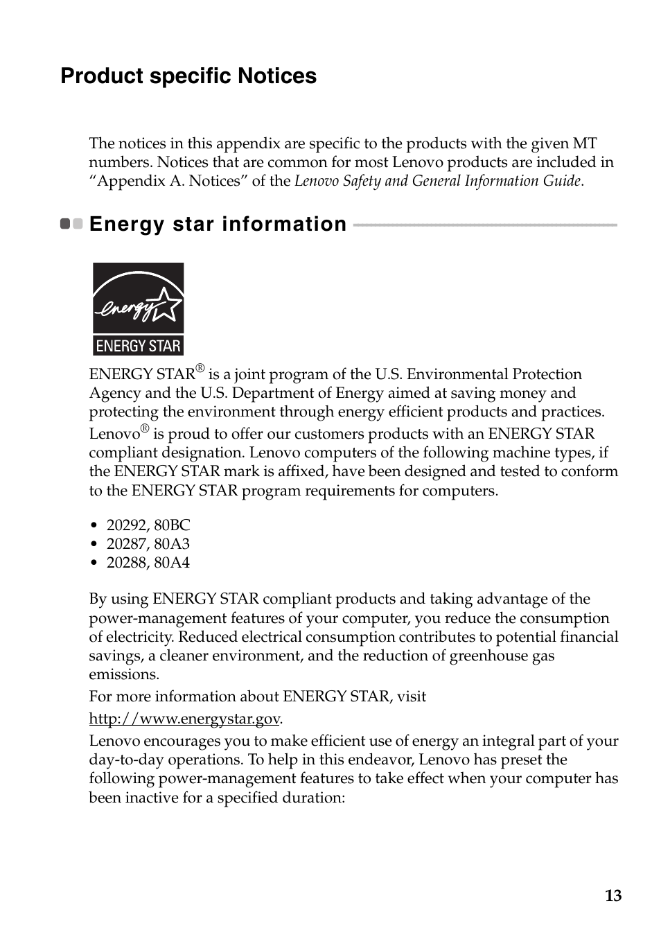 Product specific notices, Energy star information | Lenovo IdeaPad Z510 Notebook User Manual | Page 13 / 20