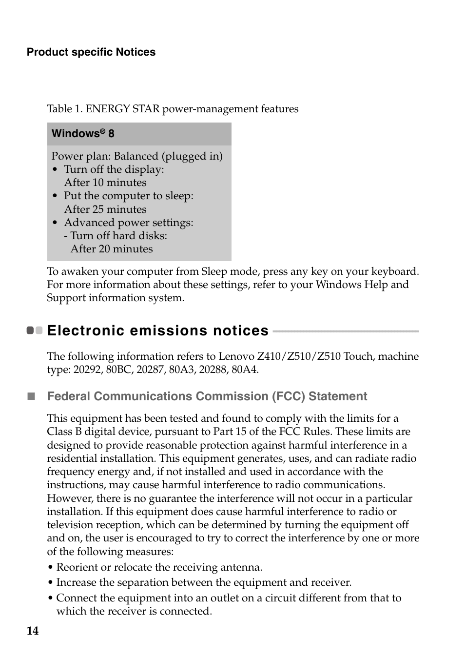 Electronic emissions notices | Lenovo IdeaPad Z510 Notebook User Manual | Page 14 / 20