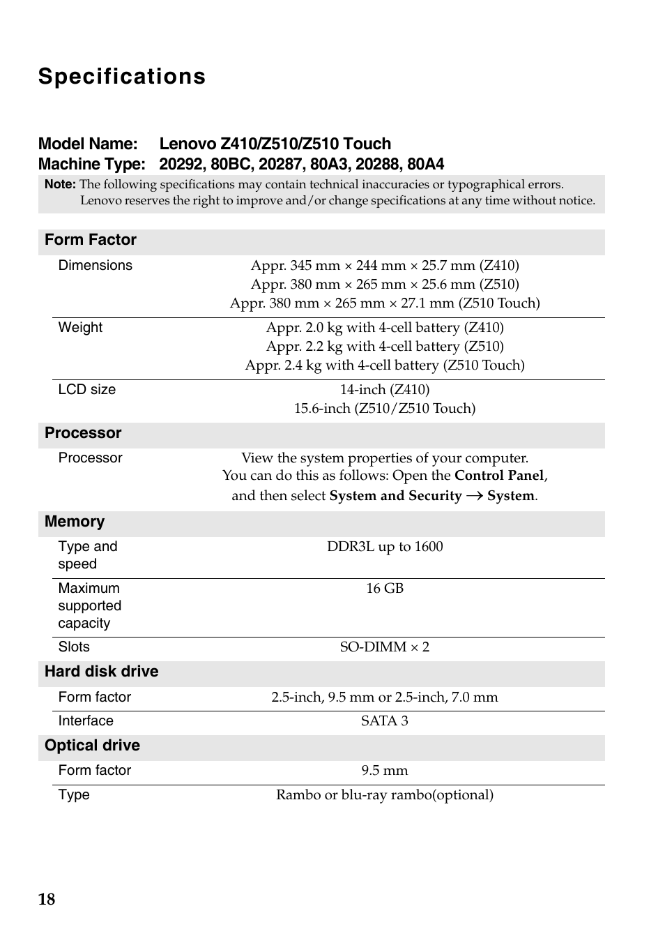 Specifications | Lenovo IdeaPad Z510 Notebook User Manual | Page 18 / 20