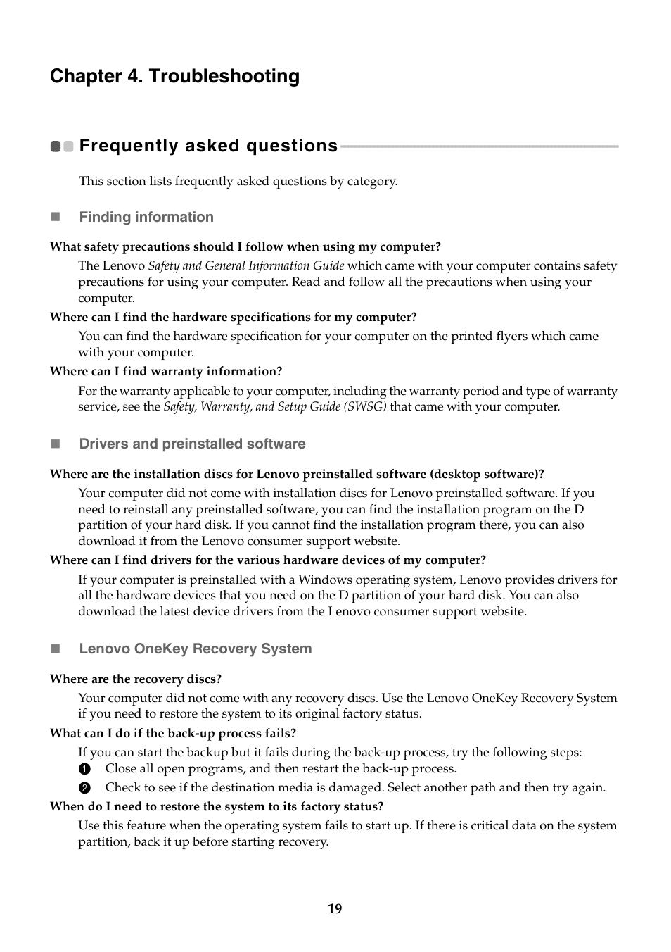 Chapter 4. troubleshooting, Frequently asked questions | Lenovo M50-70 Notebook User Manual | Page 23 / 34