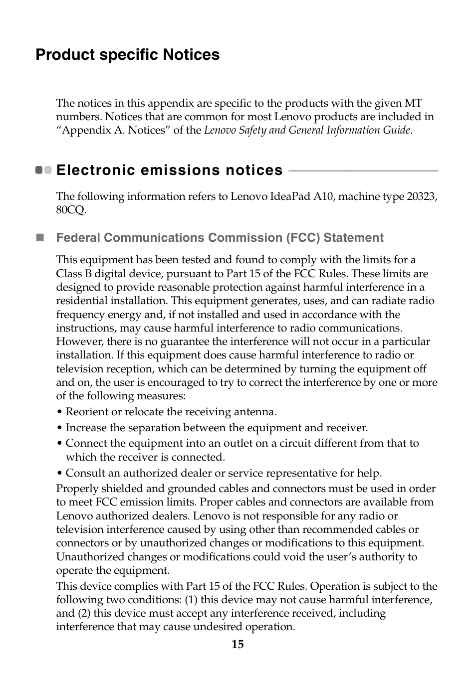 Product specific notices, Electronic emissions notices | Lenovo A10 Lenovo User Manual | Page 15 / 22