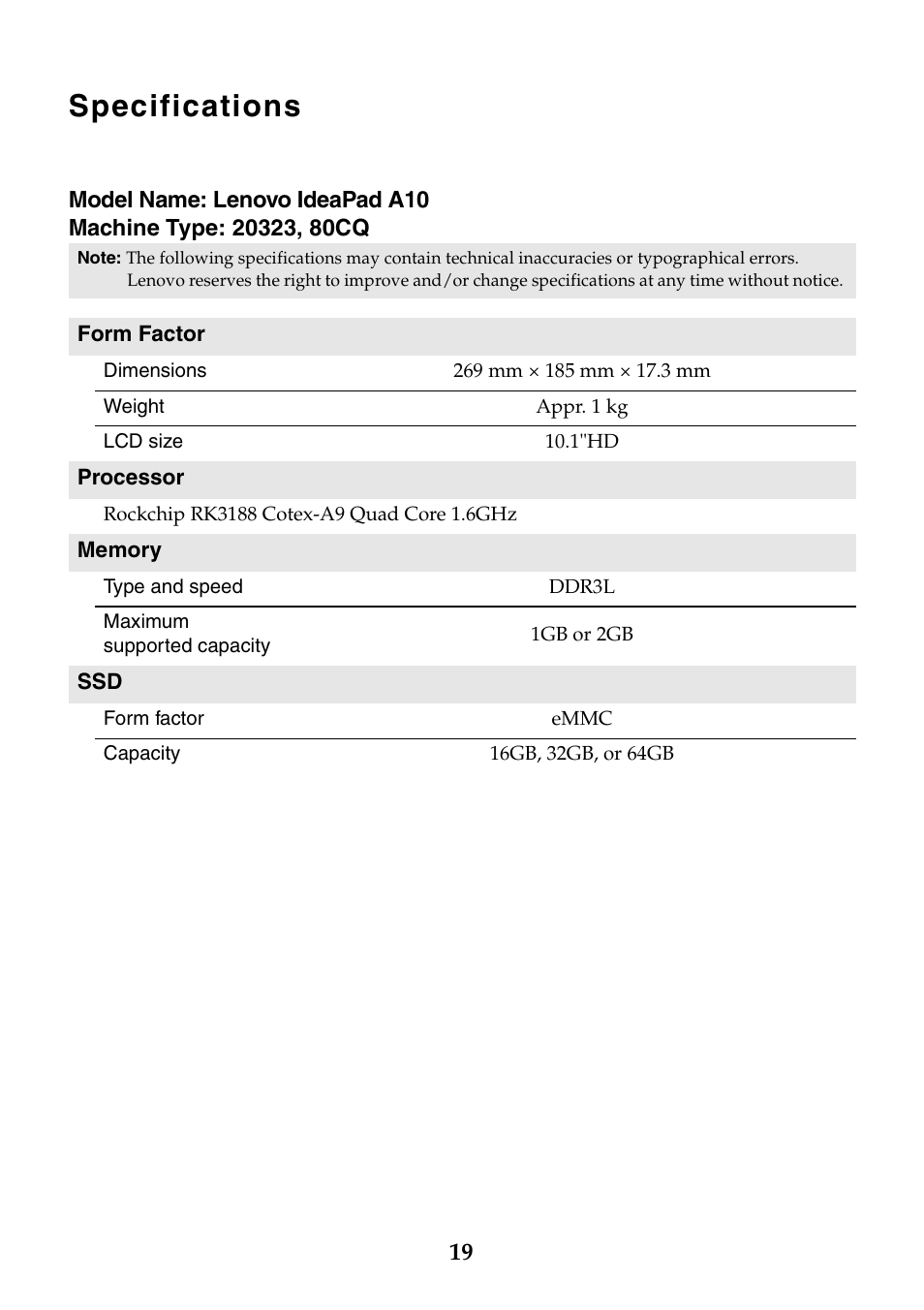 Specifications | Lenovo A10 Lenovo User Manual | Page 19 / 22