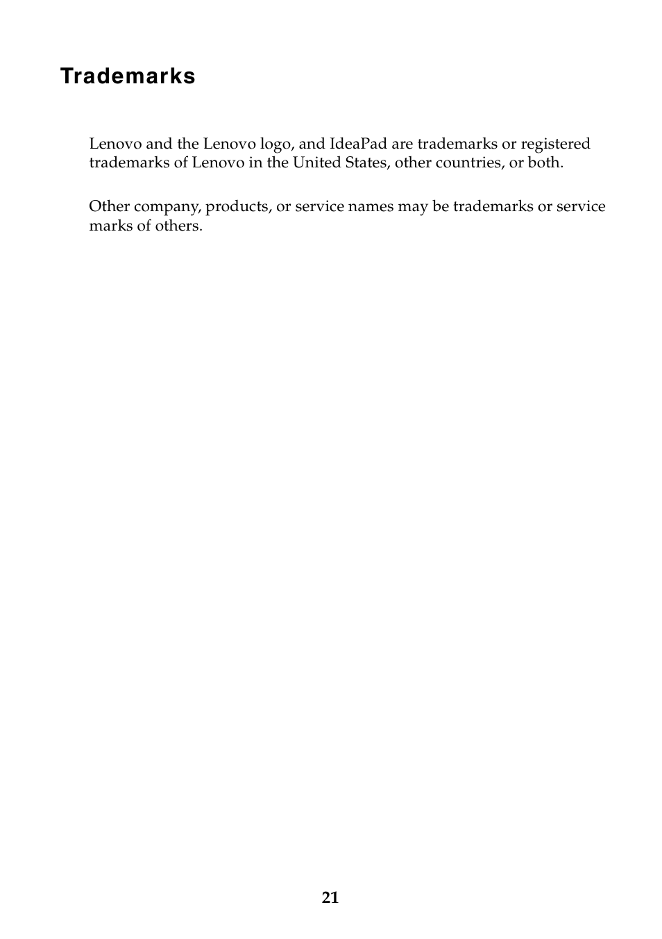 Trademarks | Lenovo A10 Lenovo User Manual | Page 21 / 22