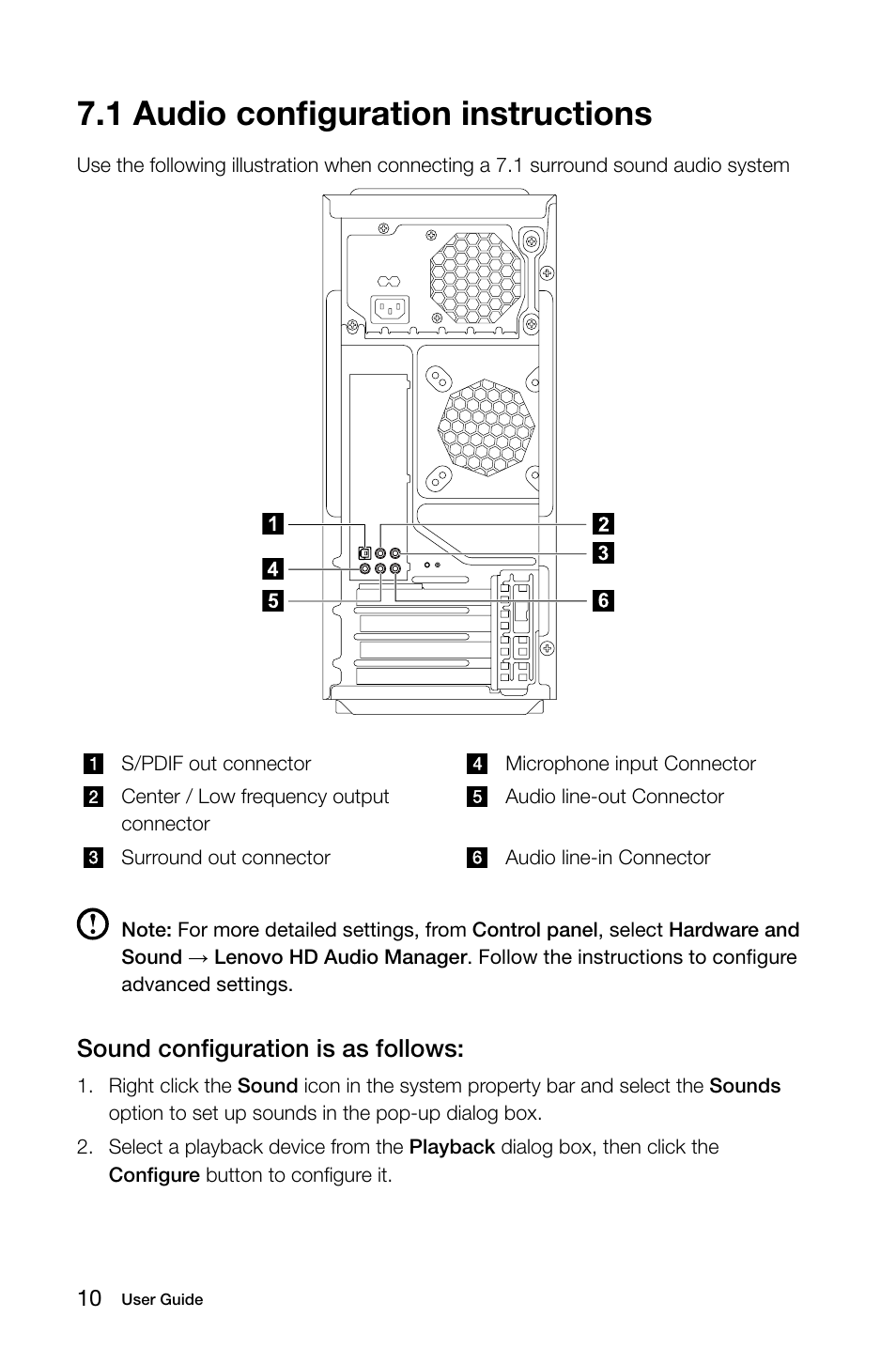 1 audio configuration instructions, Sound configuration is as follows | Lenovo IdeaCentre K450 Desktop User Manual | Page 15 / 69