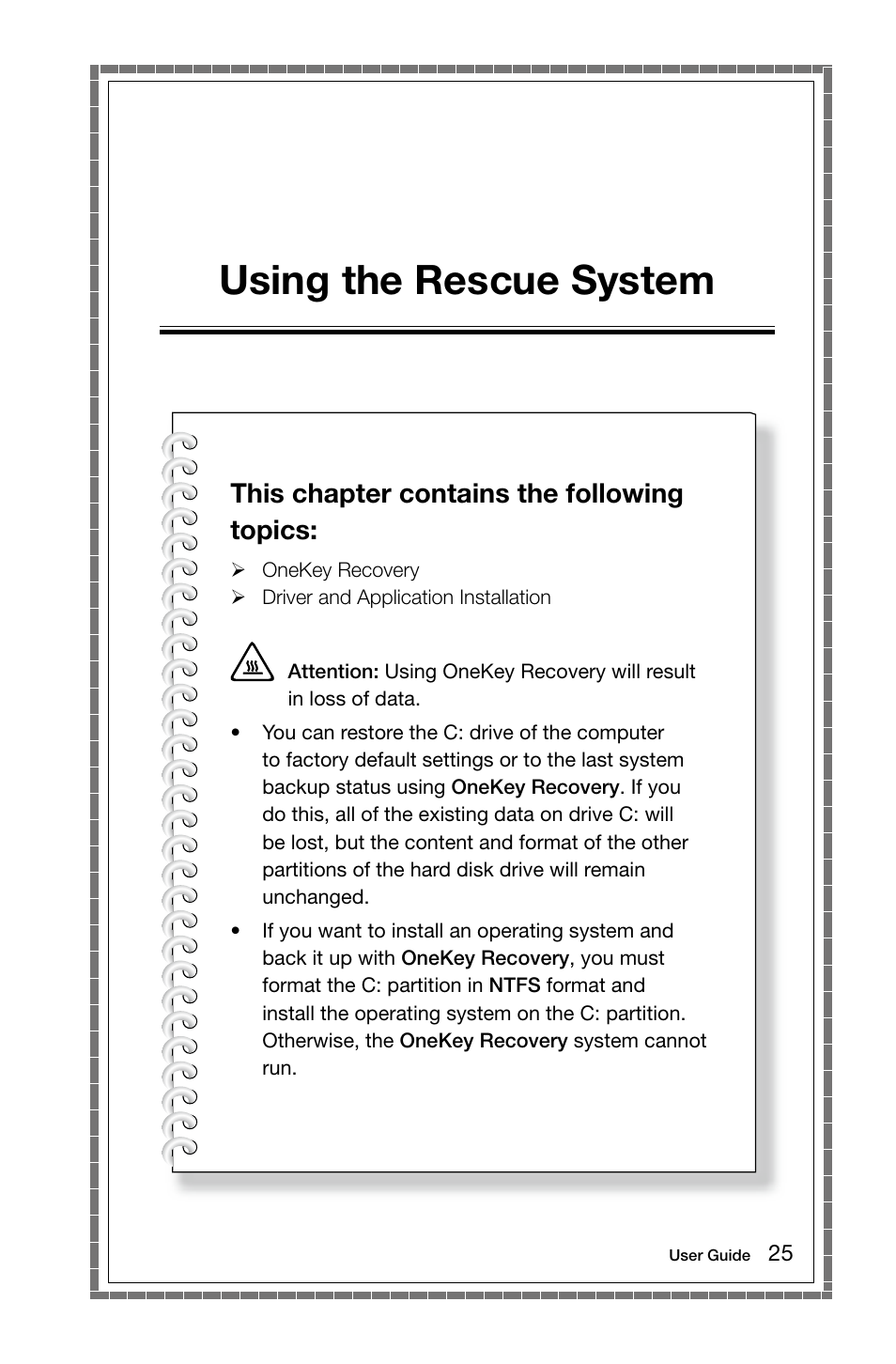 Using the rescue system, This chapter contains the following topics | Lenovo IdeaCentre K450 Desktop User Manual | Page 30 / 69