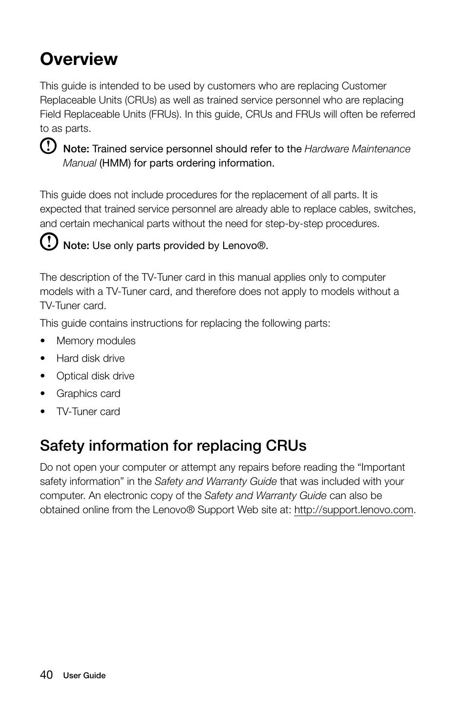 Overview, Safety information for replacing crus | Lenovo IdeaCentre K450 Desktop User Manual | Page 45 / 69