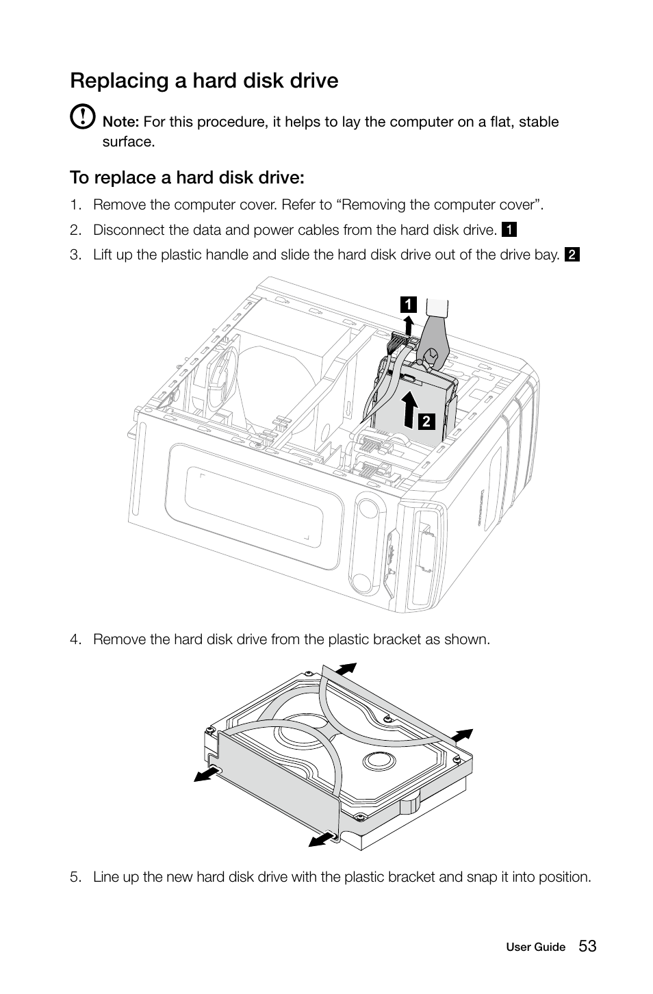 Replacing a hard disk drive | Lenovo IdeaCentre K450 Desktop User Manual | Page 58 / 69