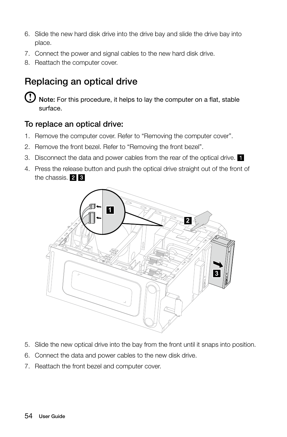 Replacing an optical drive | Lenovo IdeaCentre K450 Desktop User Manual | Page 59 / 69