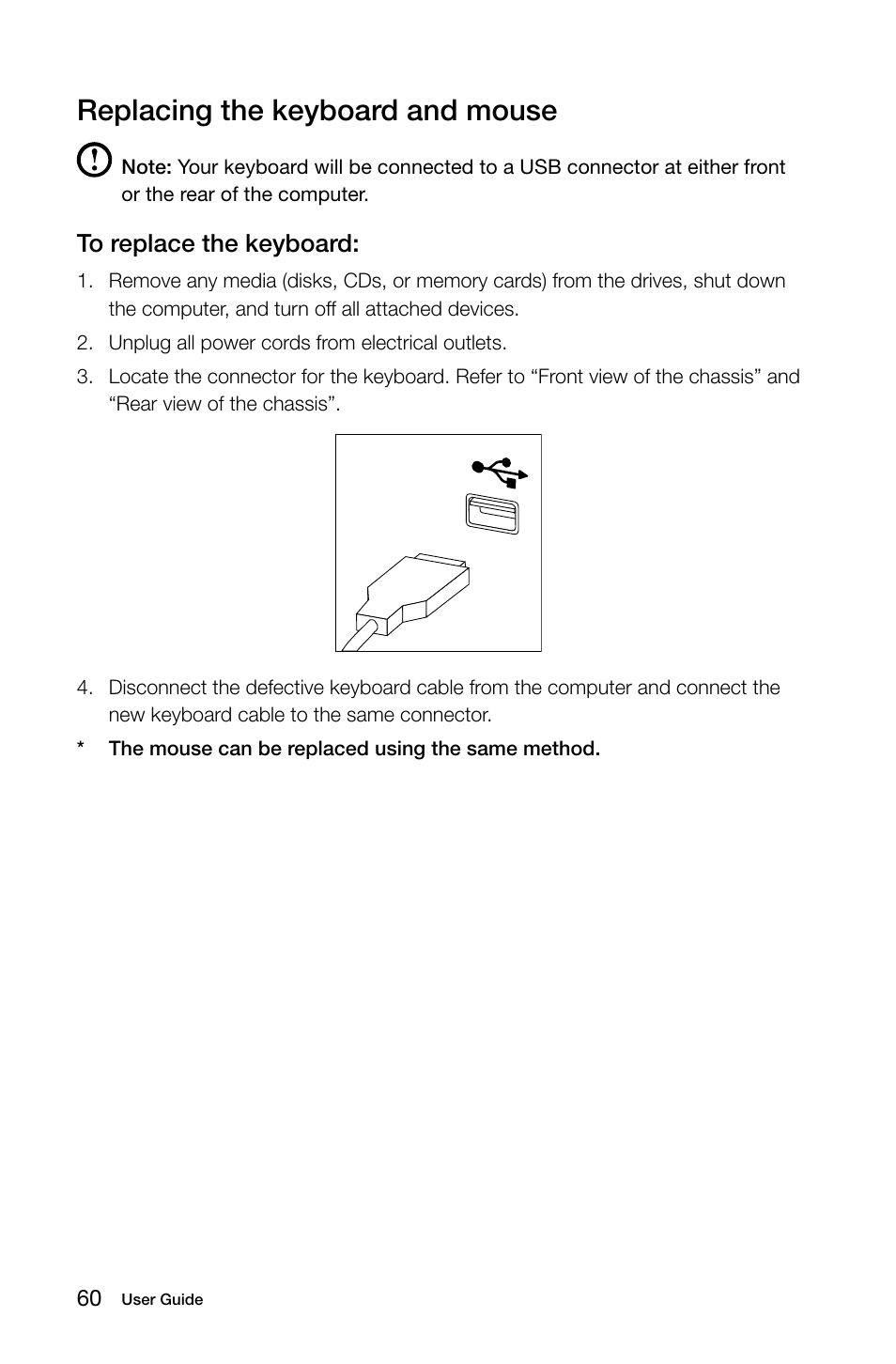 Replacing the keyboard and mouse | Lenovo IdeaCentre K450 Desktop User Manual | Page 65 / 69