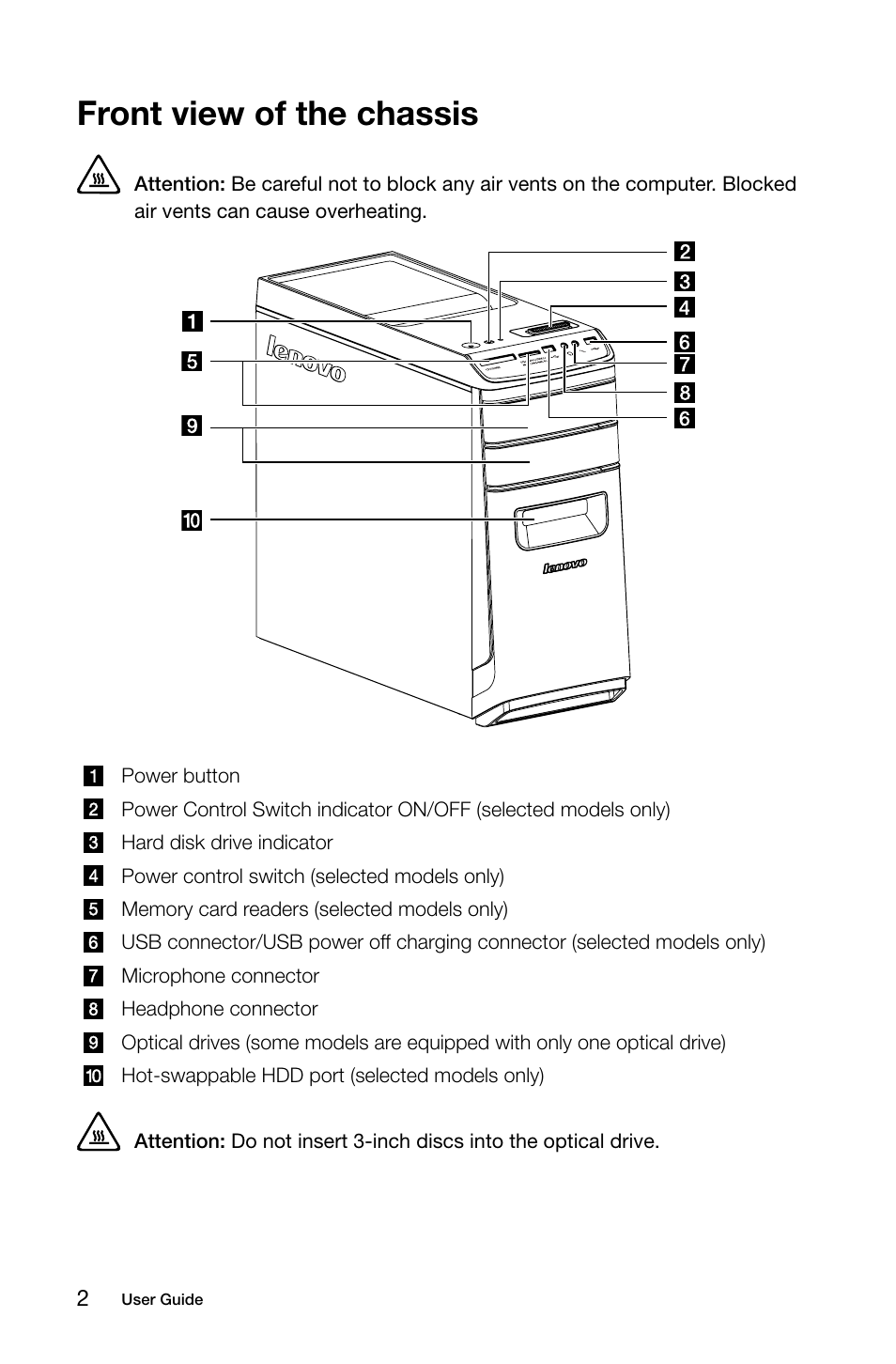 Front view of the chassis | Lenovo IdeaCentre K450 Desktop User Manual | Page 7 / 69