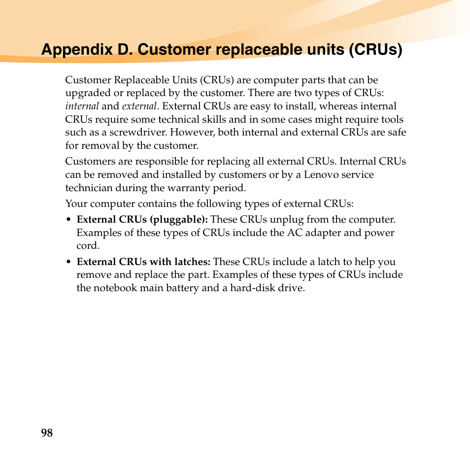 Appendix d. customer replaceable units (crus) | Lenovo IdeaPad Y560 User Manual | Page 112 / 146