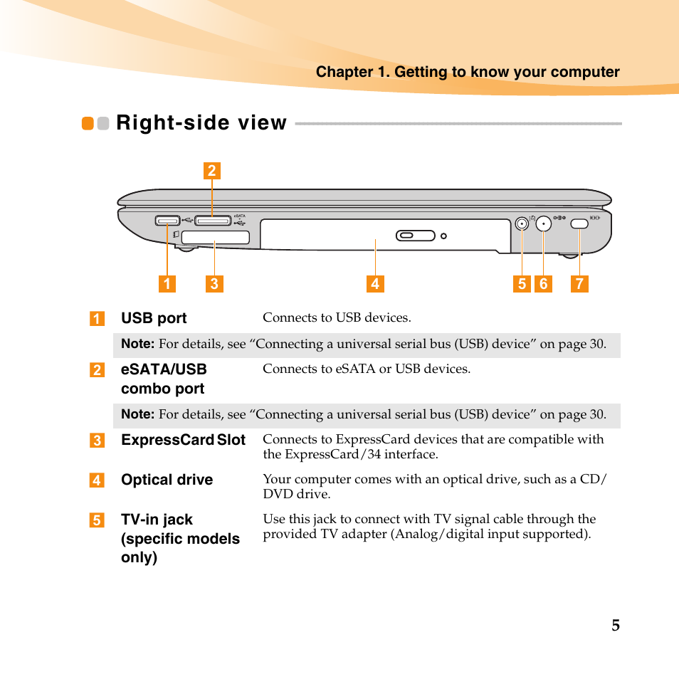 Right-side view | Lenovo IdeaPad Y560 User Manual | Page 19 / 146