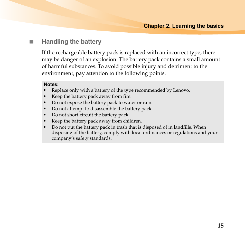 15  handling the battery | Lenovo IdeaPad Y560 User Manual | Page 29 / 146