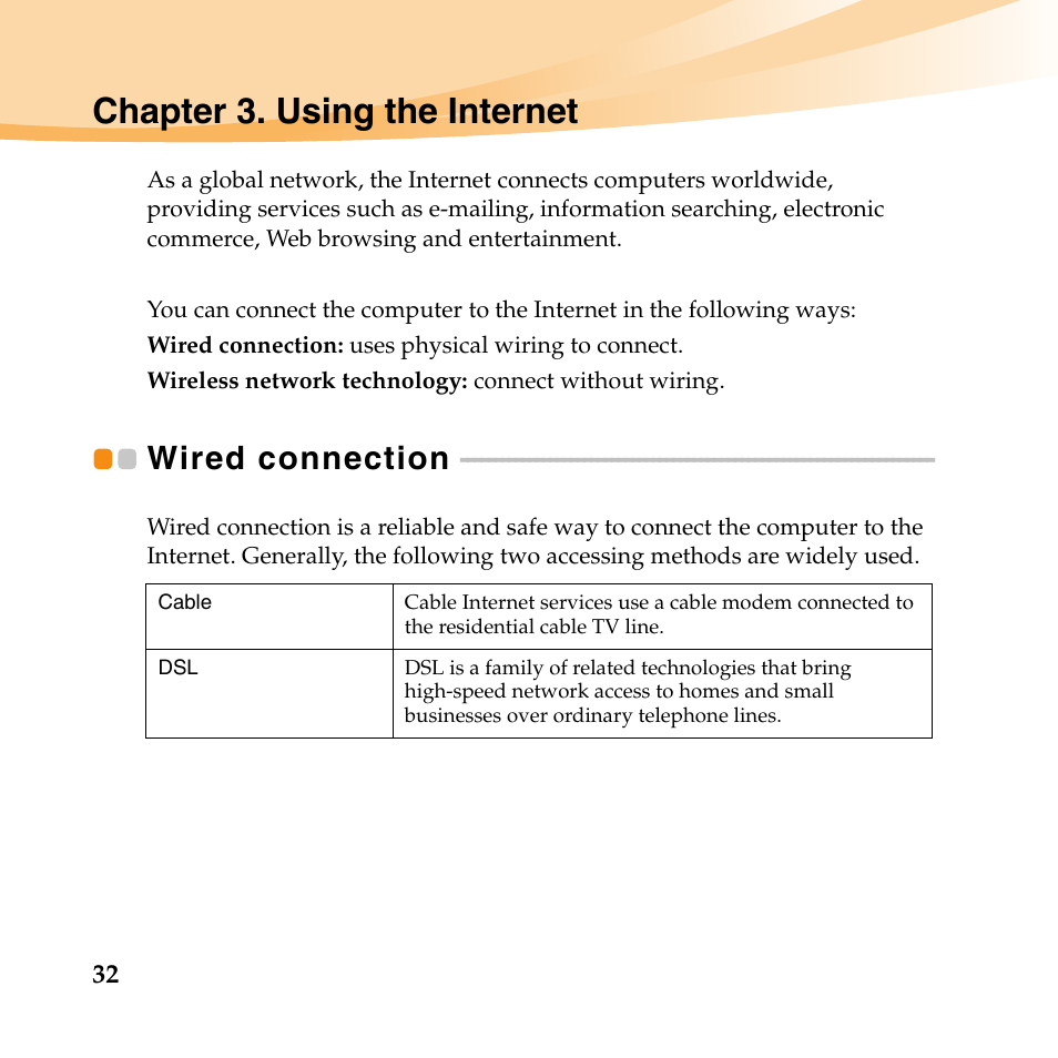 Chapter 3. using the internet, Wired connection | Lenovo IdeaPad Y560 User Manual | Page 46 / 146