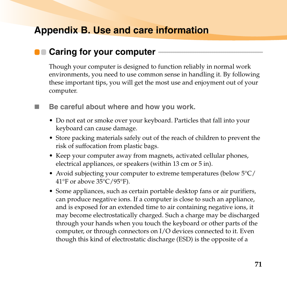 Appendix b. use and care information, Caring for your computer | Lenovo IdeaPad Y560 User Manual | Page 85 / 146