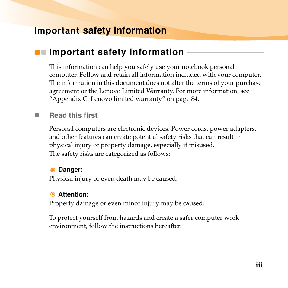 Important safety information, Important safety information...... iii, Important safety information ....iii | Safety information, Important | Lenovo IdeaPad Y560 User Manual | Page 9 / 146