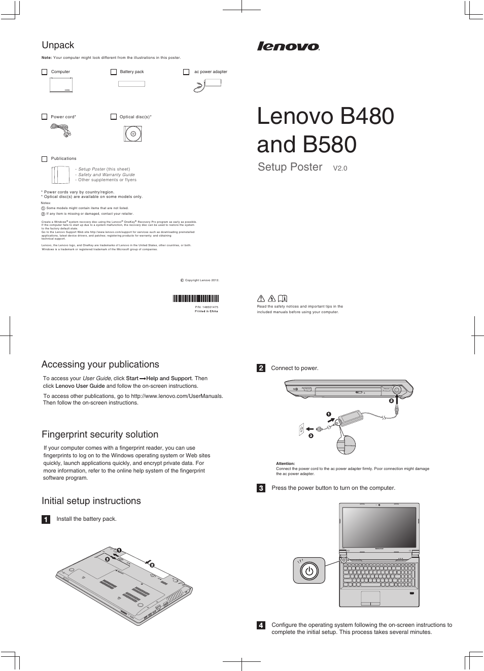 Lenovo B580 Notebook User Manual | 2 pages