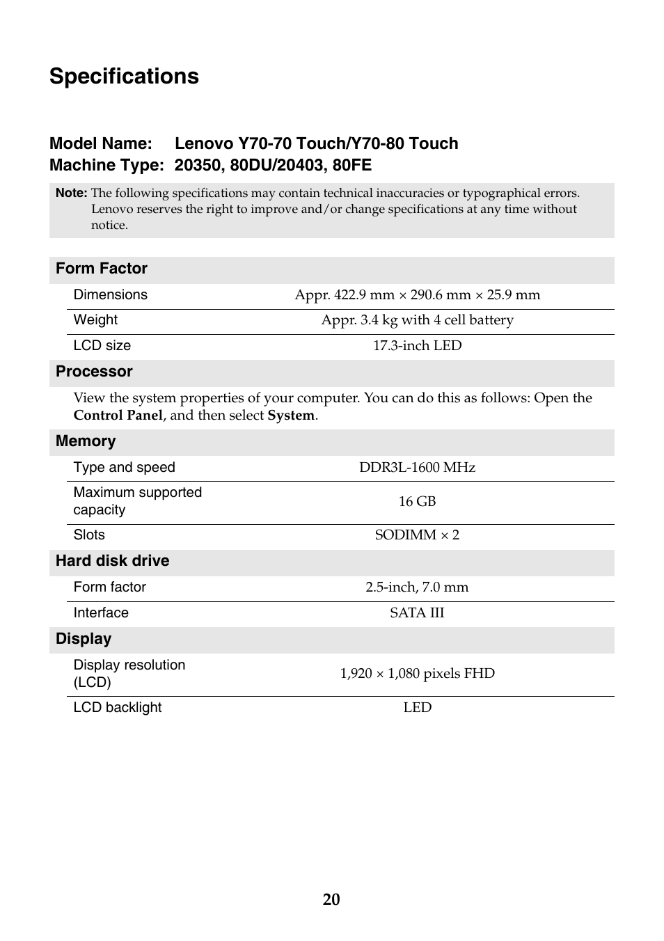 Specifications | Lenovo Y70-70 Touch Notebook User Manual | Page 20 / 22
