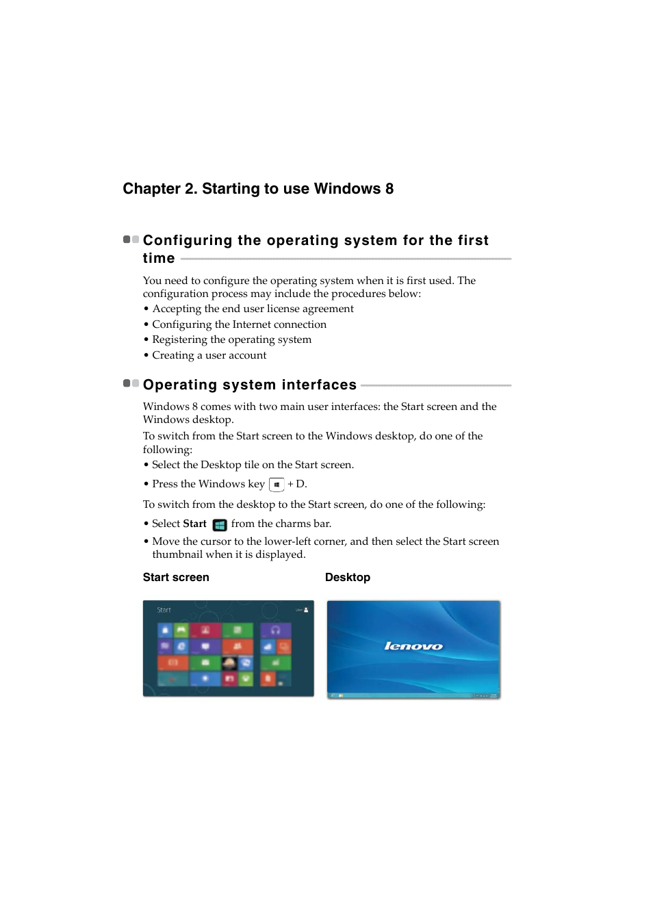 Chapter 2. starting to use windows 8, Operating system interfaces | Lenovo IdeaPad U530 Touch Notebook User Manual | Page 16 / 36