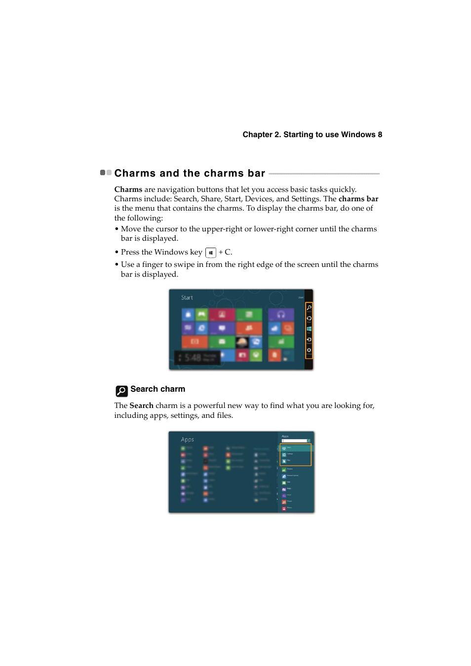 Charms and the charms bar | Lenovo IdeaPad U530 Touch Notebook User Manual | Page 17 / 36