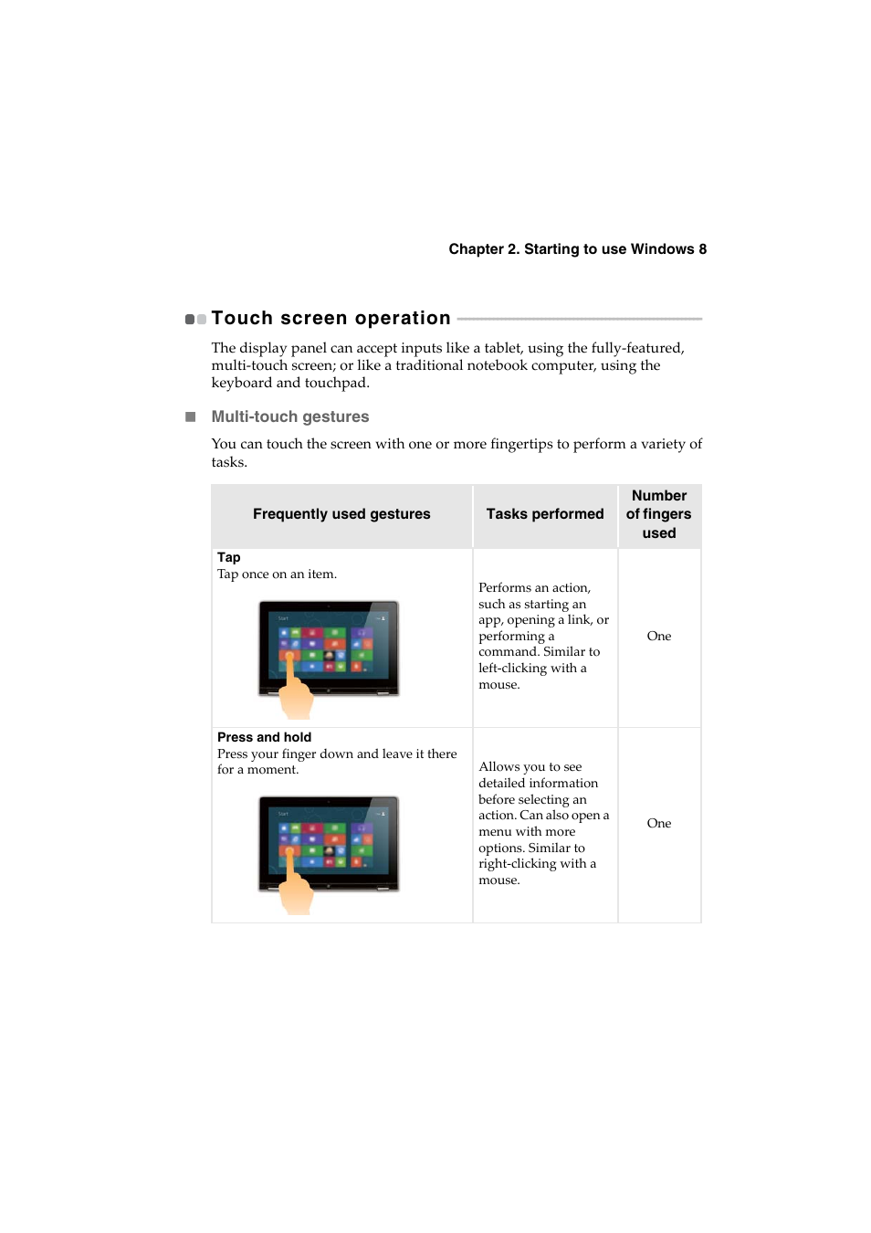 Touch screen operation | Lenovo IdeaPad U530 Touch Notebook User Manual | Page 21 / 36