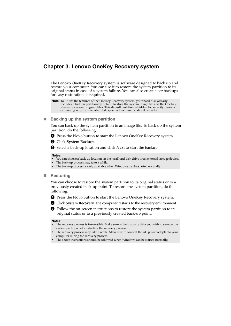 Chapter 3. lenovo onekey recovery system | Lenovo IdeaPad U530 Touch Notebook User Manual | Page 26 / 36