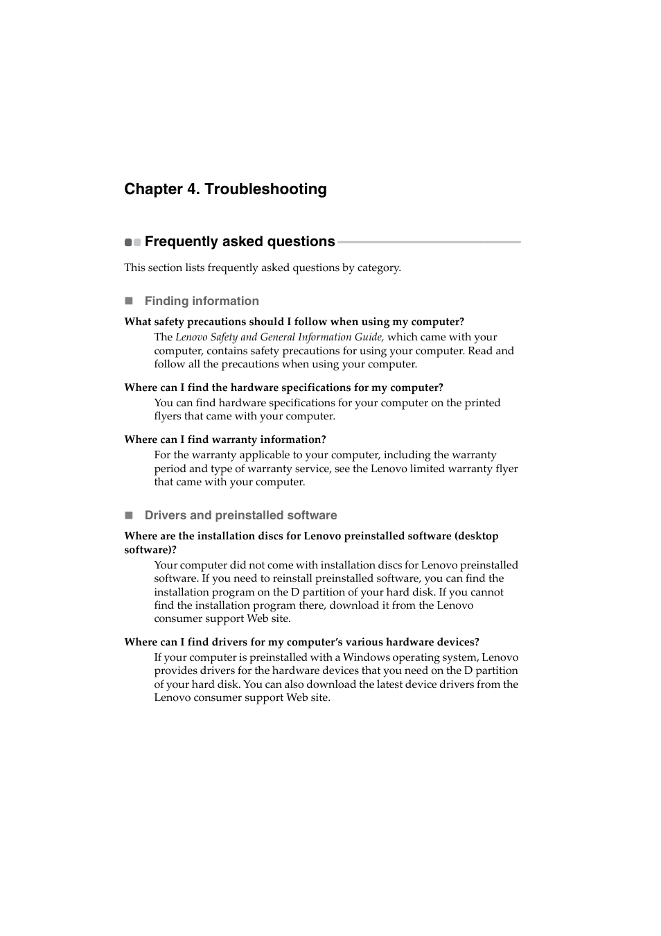 Chapter 4. troubleshooting, Frequently asked questions | Lenovo IdeaPad U530 Touch Notebook User Manual | Page 28 / 36