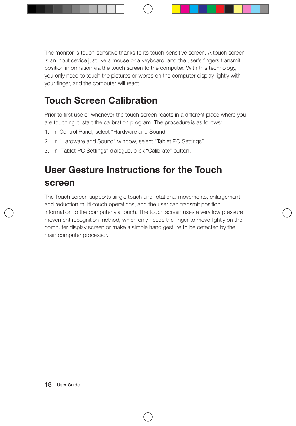 Touch screen calibration, User gesture instructions for the touch screen | Lenovo IdeaCentre B550 All-in-One User Manual | Page 23 / 63