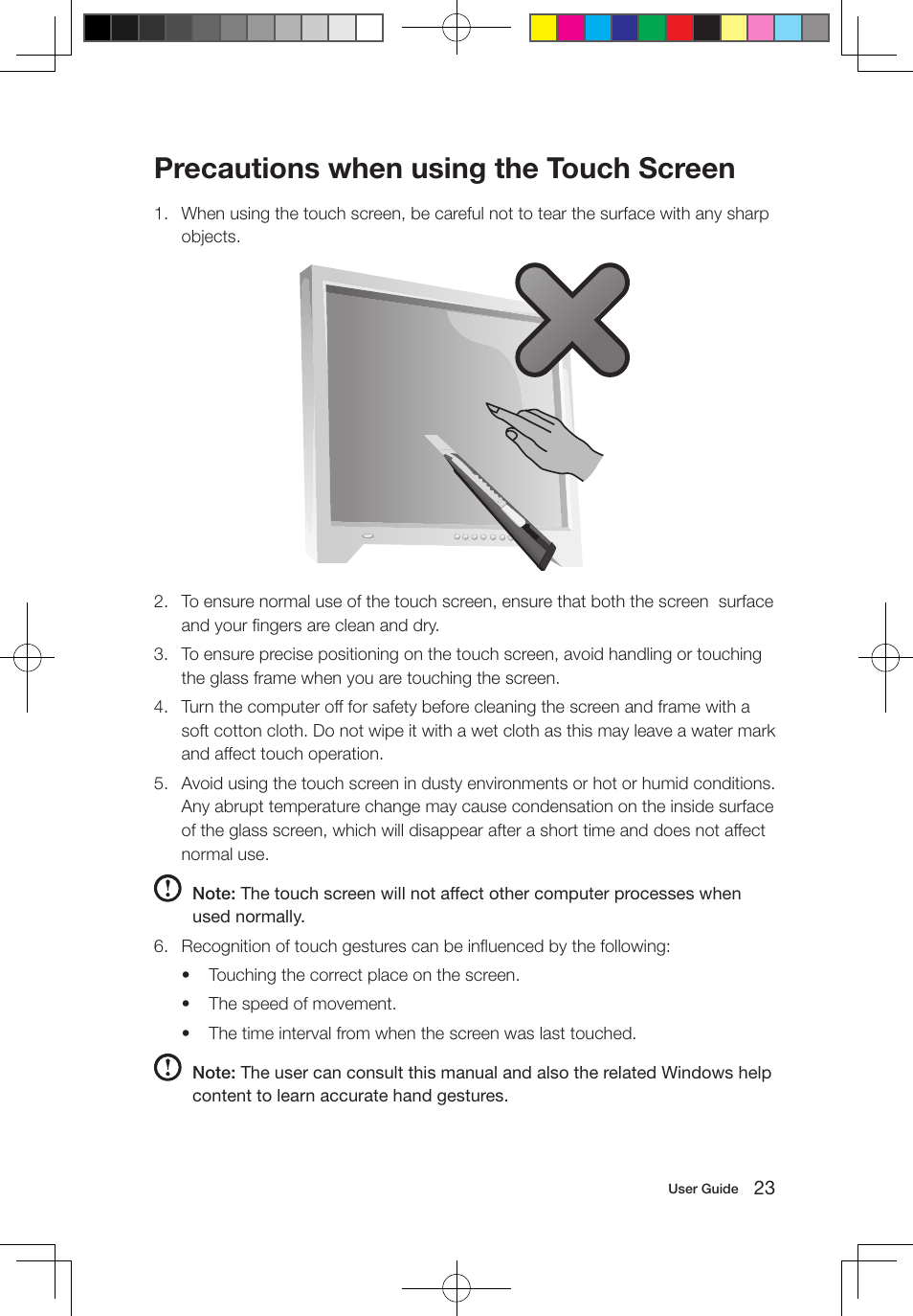 Precautions when using the touch screen | Lenovo IdeaCentre B550 All-in-One User Manual | Page 28 / 63