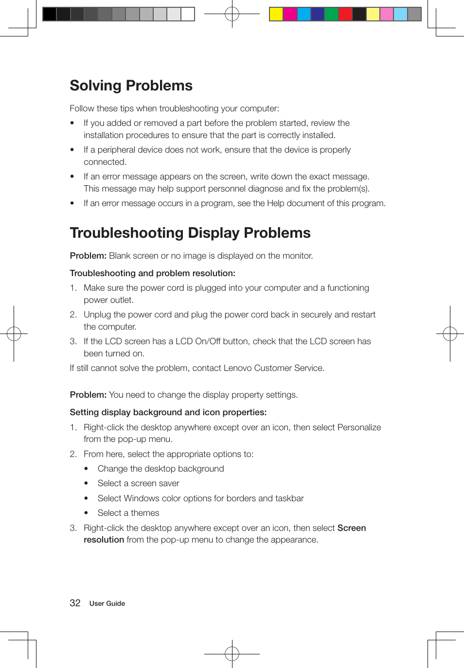 Solving problems, Troubleshooting display problems | Lenovo IdeaCentre B550 All-in-One User Manual | Page 37 / 63