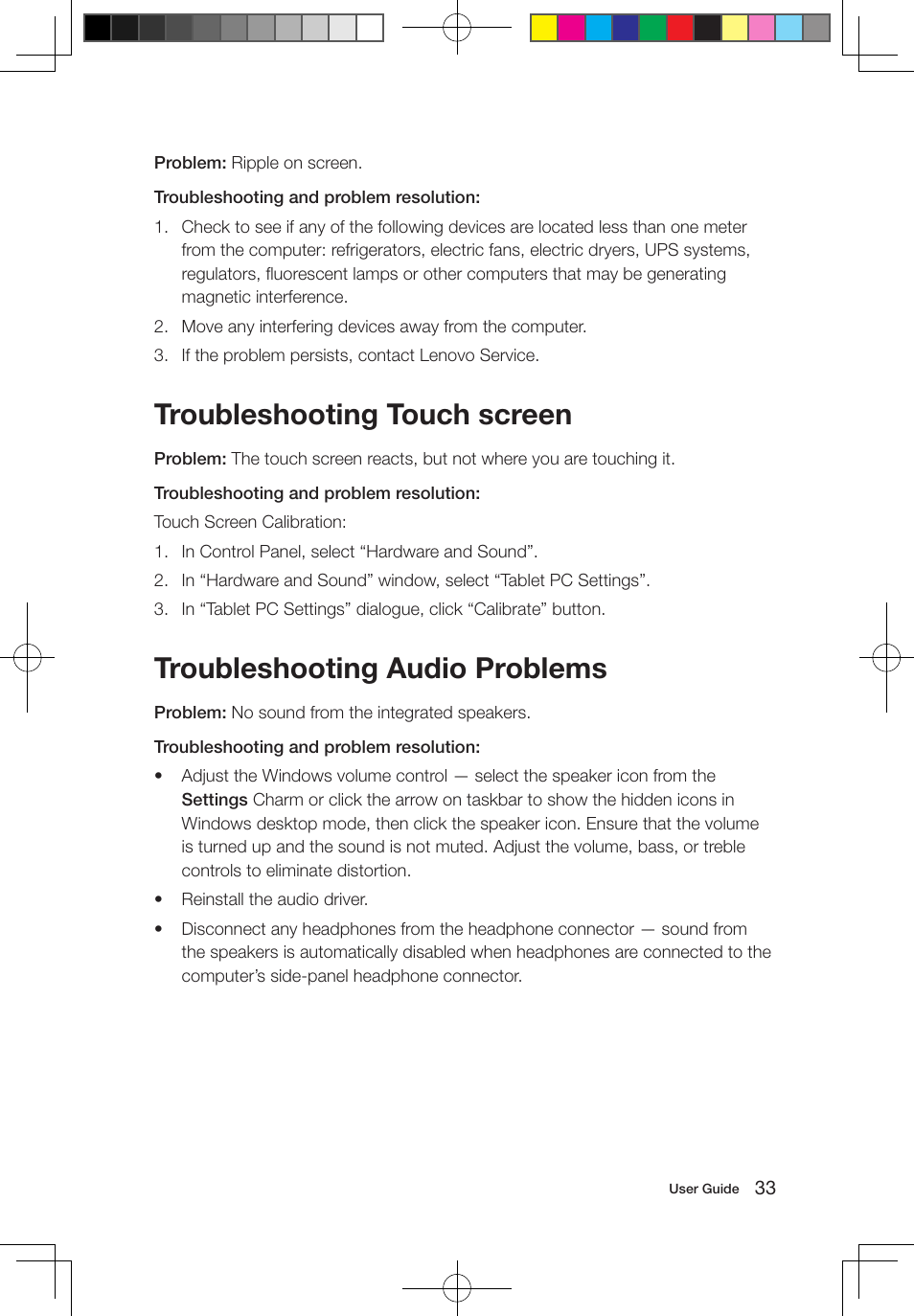 Troubleshooting touch screen, Troubleshooting audio problems | Lenovo IdeaCentre B550 All-in-One User Manual | Page 38 / 63