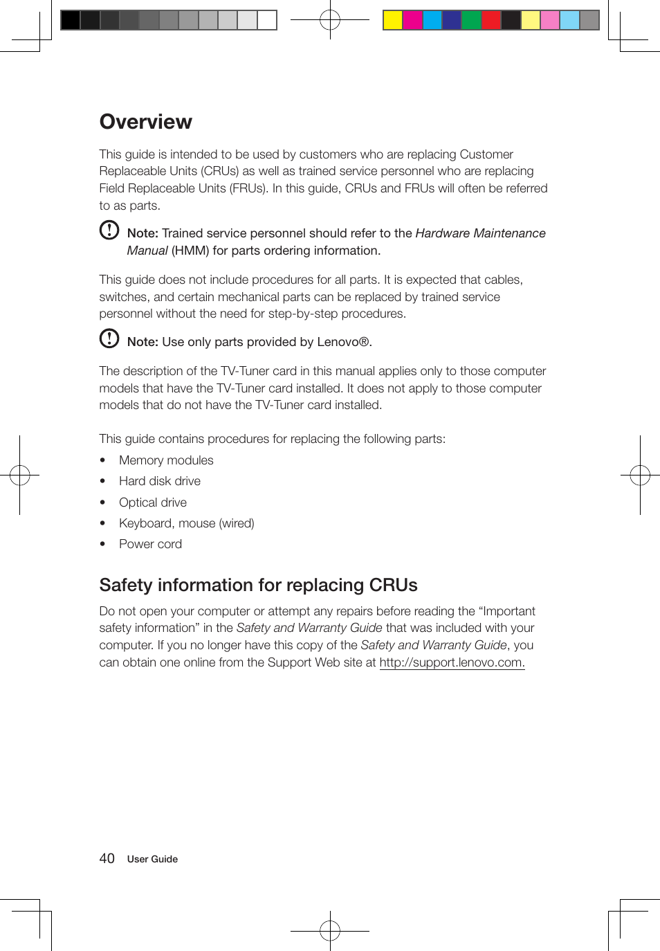 Overview, Safety information for replacing crus | Lenovo IdeaCentre B550 All-in-One User Manual | Page 45 / 63