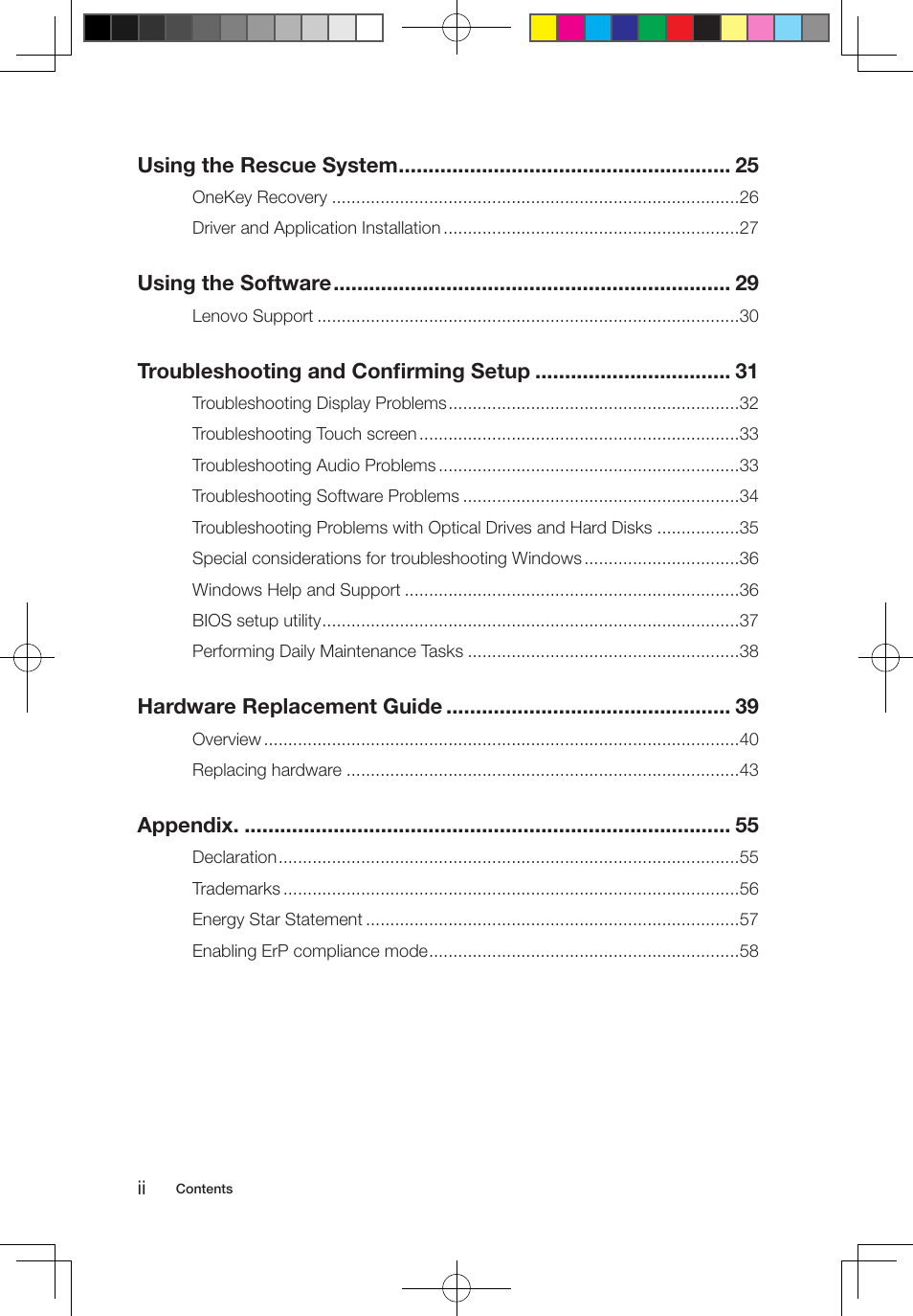 Using the rescue system, Using the software, Troubleshooting and confirming setup | Hardware replacement guide, Appendix | Lenovo IdeaCentre B550 All-in-One User Manual | Page 5 / 63