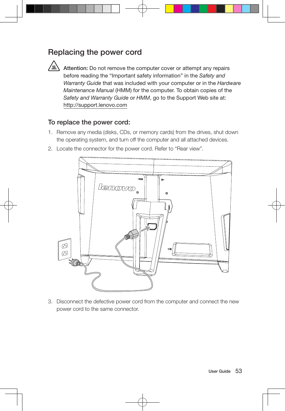 Replacing the power cord | Lenovo IdeaCentre B550 All-in-One User Manual | Page 58 / 63