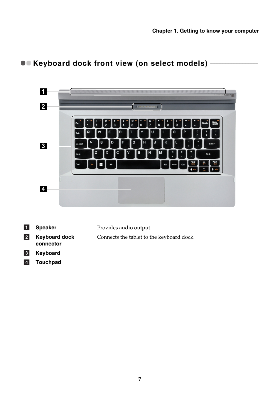 Keyboard dock front view (on select models) | Lenovo Miix 2 11 Tablet Lenovo User Manual | Page 11 / 33