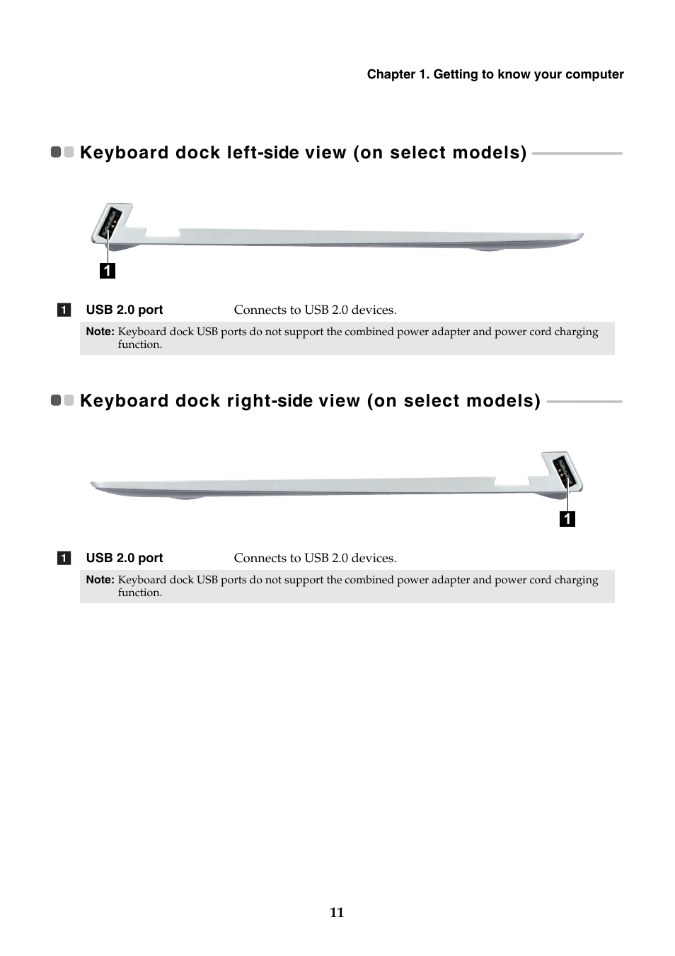 Keyboard dock left-side view (on select models), Keyboard dock right-side view (on select models) | Lenovo Miix 2 11 Tablet Lenovo User Manual | Page 15 / 33