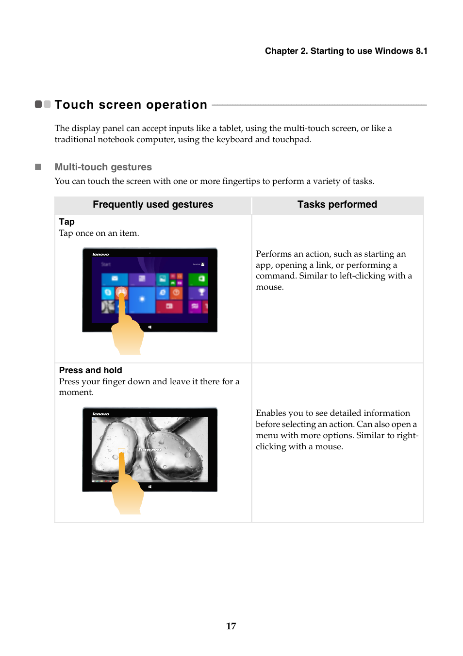 Touch screen operation | Lenovo Miix 2 11 Tablet Lenovo User Manual | Page 21 / 33