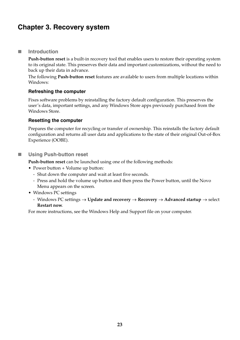 Chapter 3. recovery system | Lenovo Miix 2 11 Tablet Lenovo User Manual | Page 27 / 33