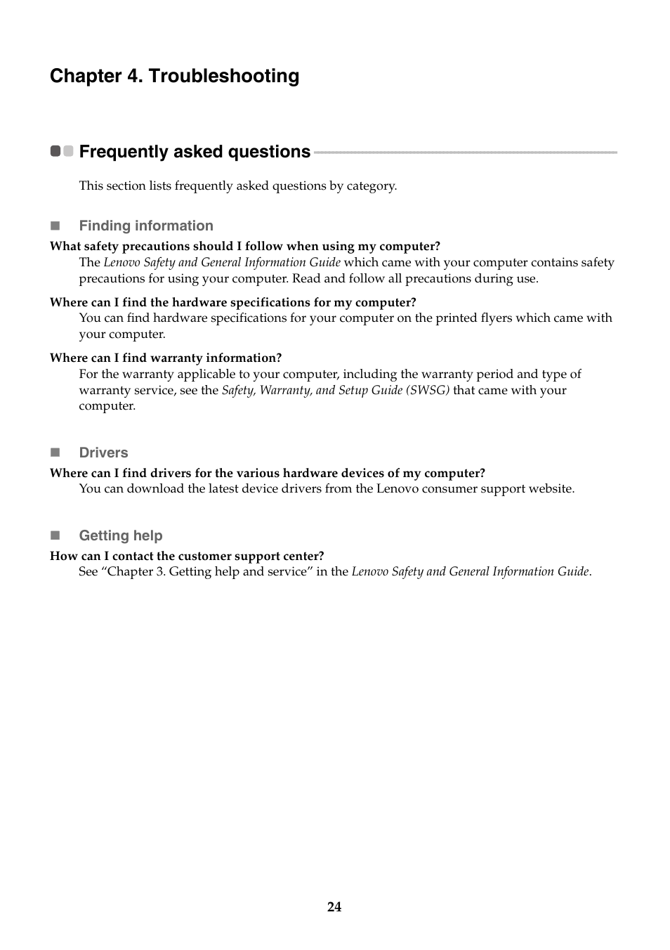Chapter 4. troubleshooting, Frequently asked questions | Lenovo Miix 2 11 Tablet Lenovo User Manual | Page 28 / 33