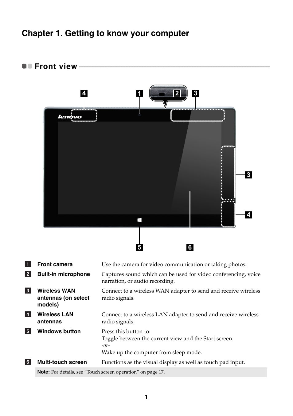 Chapter 1. getting to know your computer, Front view | Lenovo Miix 2 11 Tablet Lenovo User Manual | Page 5 / 33
