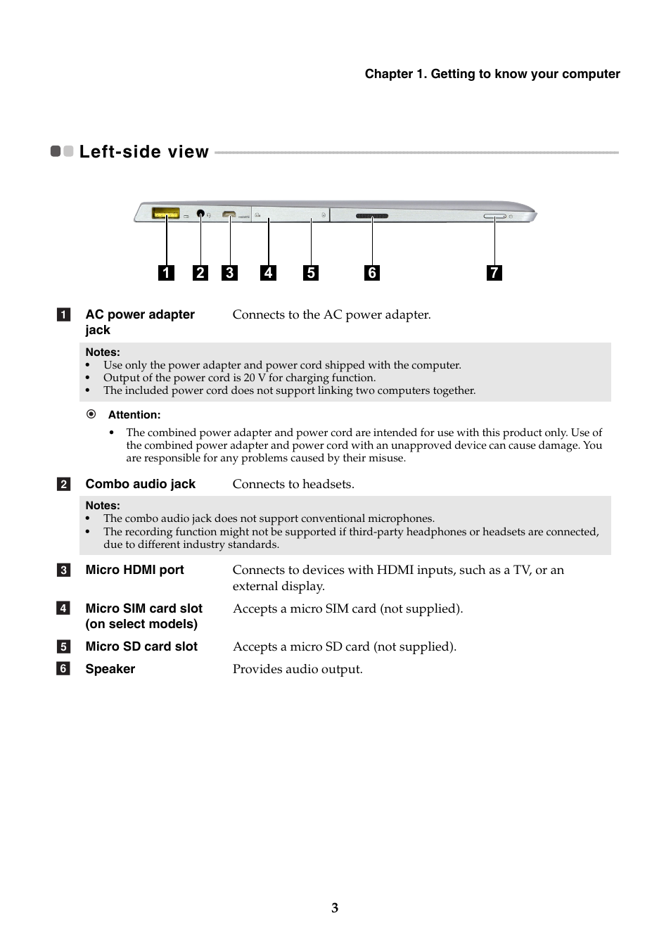 Left-side view | Lenovo Miix 2 11 Tablet Lenovo User Manual | Page 7 / 33